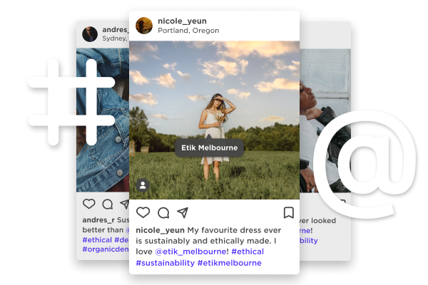 Three Instagram posts superimposed with one showing included user tags